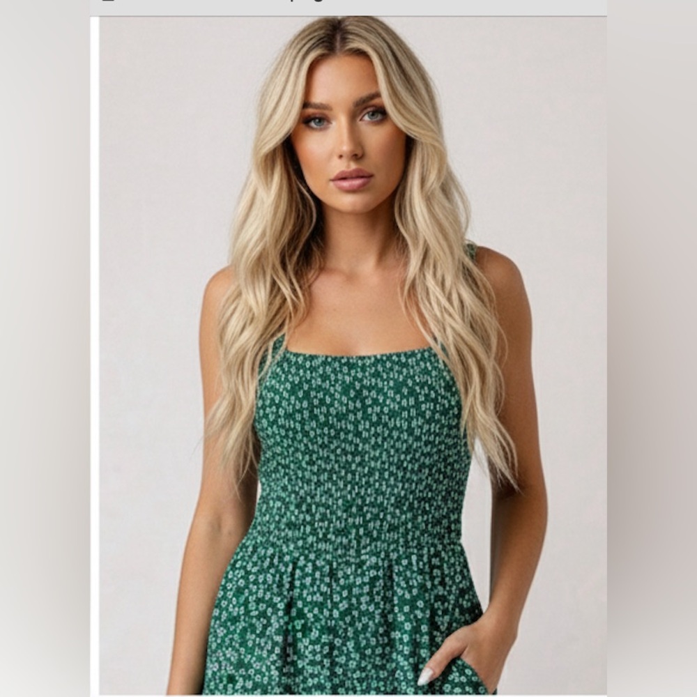 Boho Floral Loose Shirred Cami Jumpsuit With Pockets Green - Picture 2 of 8